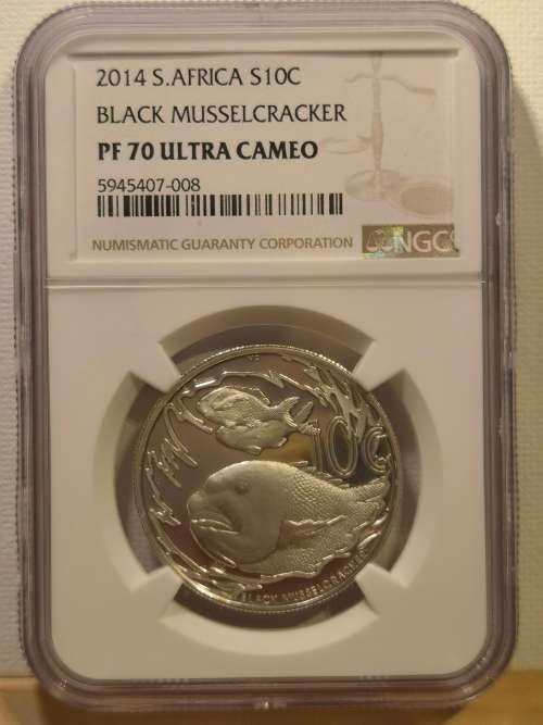 FINEST known with only 2 coins in PF70.  2014 10Cents - BLACK MUSSELCRACKER - PF70 ULTRA CAMEO
